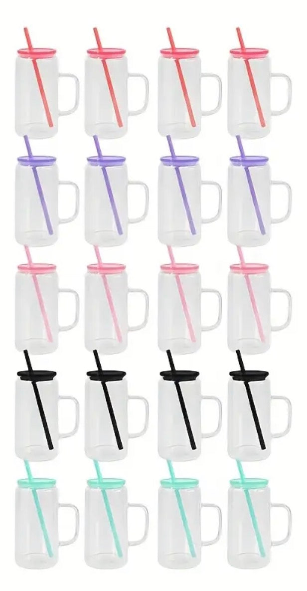 16 oz glass with handle. Colored lids and colored straws