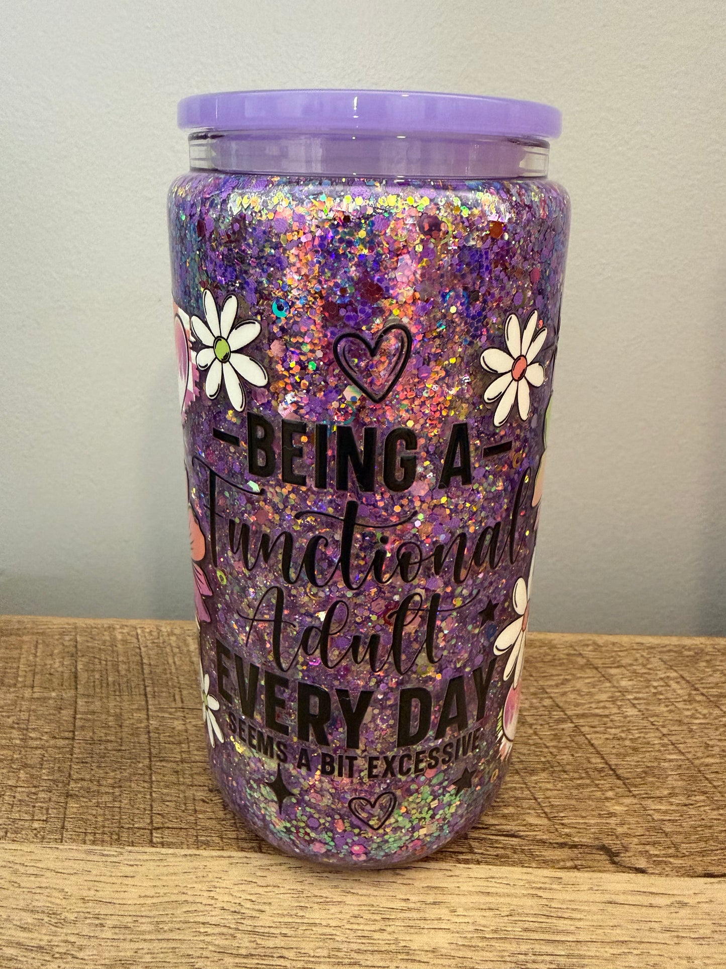 16 oz glass purple glitter with wrap
