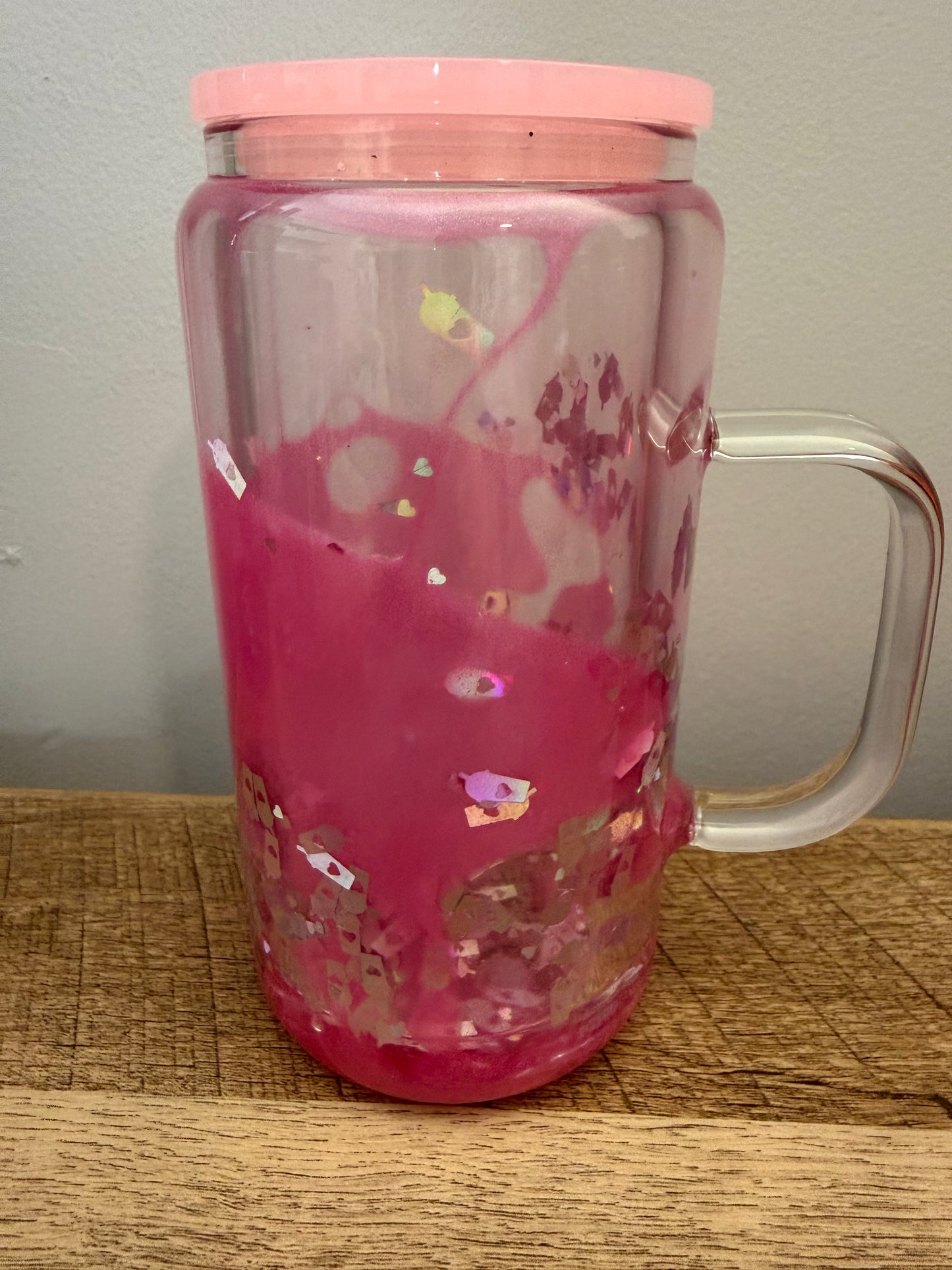 16oz glass with handle pink lava ice coffee glitter no wrap