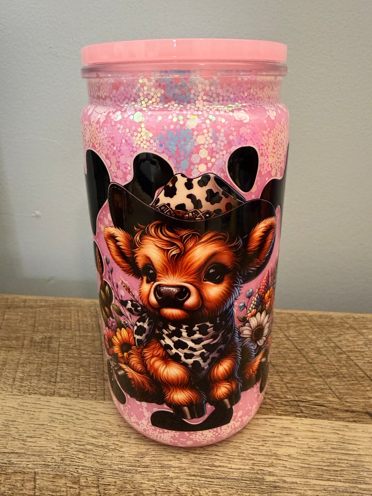 Pink glitter 16oz acrylic with cow wrap