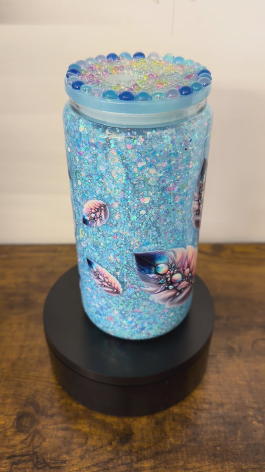 17 16 oz glass blue glitter feather wrap