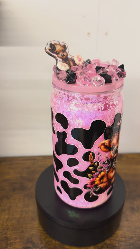 18 Pink glitter 16oz acrylic with cow wrap